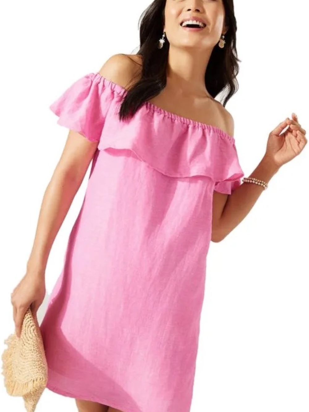 NWT Tommy Bahama St Lucia OTS Ruffle Dress Preppy Pink Linen Coverup L